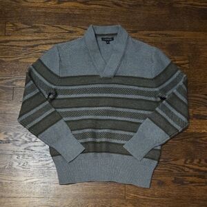 Banana Republic V-Neck Sweater in Gray and Olive Stripes
